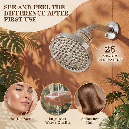 Filtered Shower Head for Hard Water - 25-Stage Shower Filter Nurtures Skin & Hair, Reduces Chlorine & Heavy Metals, 7 High Pressure Showerhead Rain Spray Modes, Easy to Install, Chrome