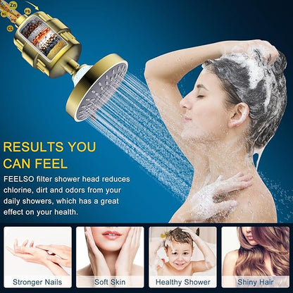 Shower Head and 15 Stage Shower Filter Combo, FEELSO High Pressure 5 Spray Filtered Showerhead with Water Softener Filters for Hard Water Remove Chlorine and Harmful Substances (Golden)