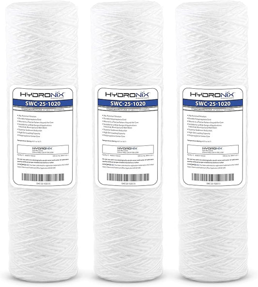 Hydronix HX-SWC-25-1020/3 Universal Whole House String Wound Sediment Water Filter Cartridge 2.5 inch x 10 inch - 20 micron - 3 Pack, White