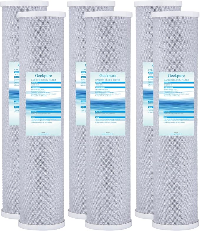 Geekpure 20-Inch Carbon Block Replacement Filter Cartridge for Whole House Water Filtration-4.5" x 20"-5 Micron -Pack of 6