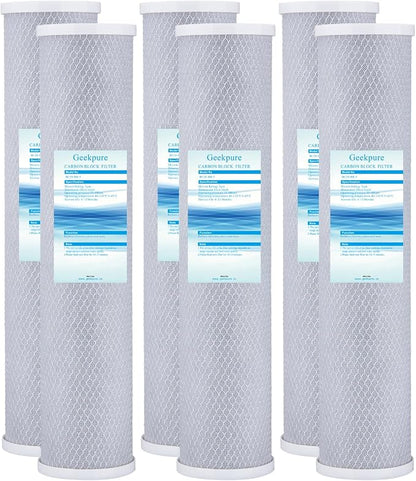 Geekpure 20-Inch Carbon Block Replacement Filter Cartridge for Whole House Water Filtration-4.5" x 20"-5 Micron -Pack of 6