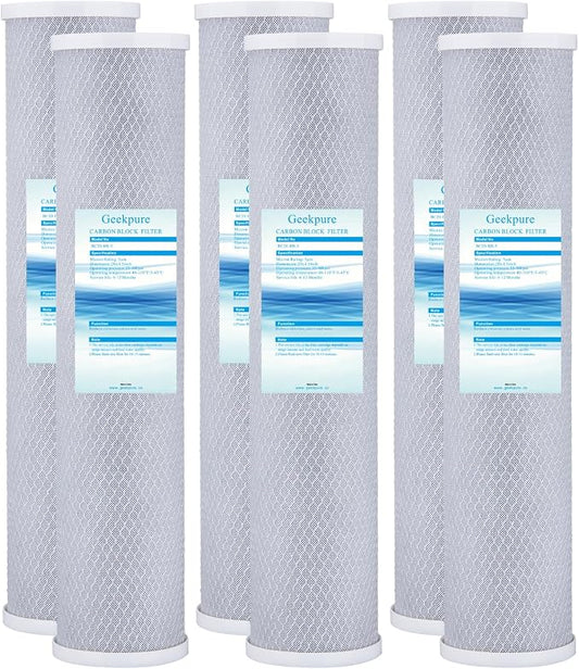 Geekpure 20-Inch Carbon Block Replacement Filter Cartridge for Whole House Water Filtration-4.5" x 20"-5 Micron -Pack of 6