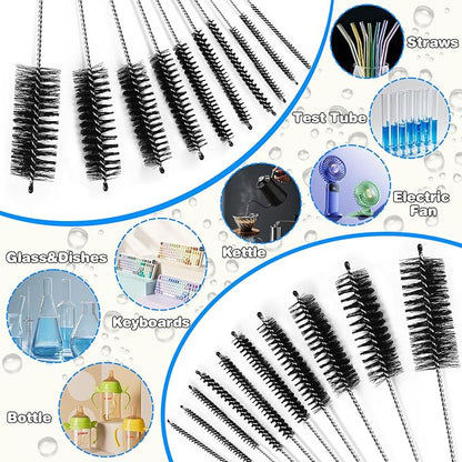 Ixiaoyoo Cleaning Brushes Set, 10 Pieces 8 Inch Nylon Tube Brush + 60 Inch Flexible Long Drain Brush, Hose Pipe Brush, Suitable for Home Kitchen, Bathroom, Fish Tank, Water Pump Accessories (Black)