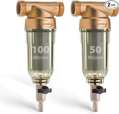 iSpring WSP2PK15 Reusable Whole House Spin Down Sediment Water Filters, Twin Pack with 100 Microns and 50 Microns Filter Sizes, Clear Housing, Lead-Free Brass