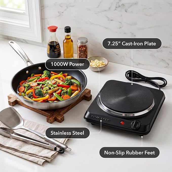 OVENTE Electric Cast Iron Single Burner, 1000W Hot Plate, Black BGS101B | 7.25" Portable Countertop Cooktop, Metal Housing, 5 Level Temperature Control, Compact Cooking Stove, Easy to Clean