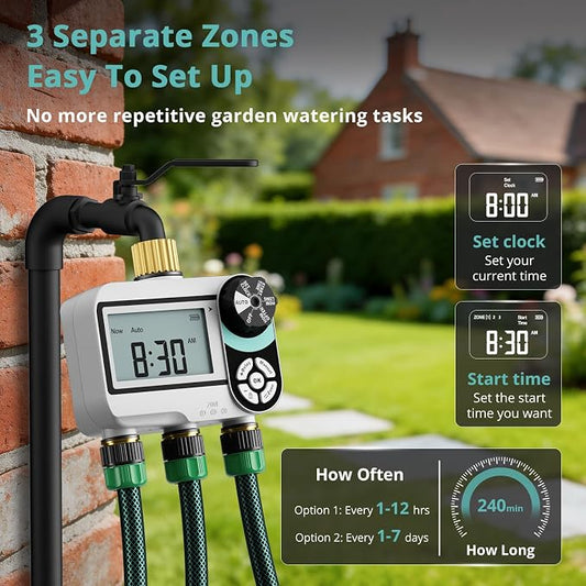 QUOBAS Brass Sprinkler Timer for Garden Hose, Programmable Water Timer | Rain Delay/Auto/Manual 3 Modes, Hose Timer for Hose Faucet with Child Lock, Waterproof Screen, 3 Zone Independent Watering
