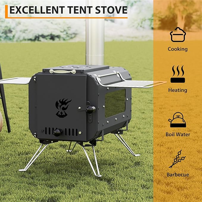 Cast Iron Portable Wood Burning Camping Stove, Compact Tent Stove with Chimney Pipe & View Glass for Ice Fishing, Hiking, Travel, Cookout