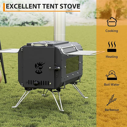 Cast Iron Portable Wood Burning Camping Stove, Compact Tent Stove with Chimney Pipe & View Glass for Ice Fishing, Hiking, Travel, Cookout