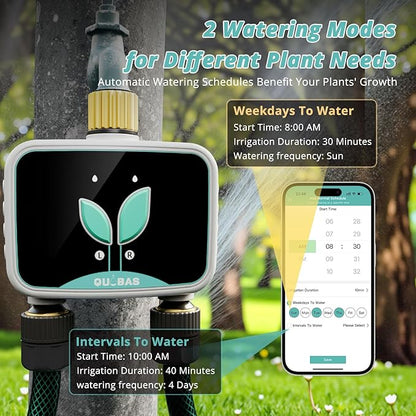 QUOBAS Smart WiFi Water Timer for Garden Hose, 2 Zone Brass Sprinkler Timer with App Control & Rain Delay/Auto/Manual 3 Modes for Drip Irrigation, Pool & Lawn, Battery Powered, 2.4GHz WiFi Only