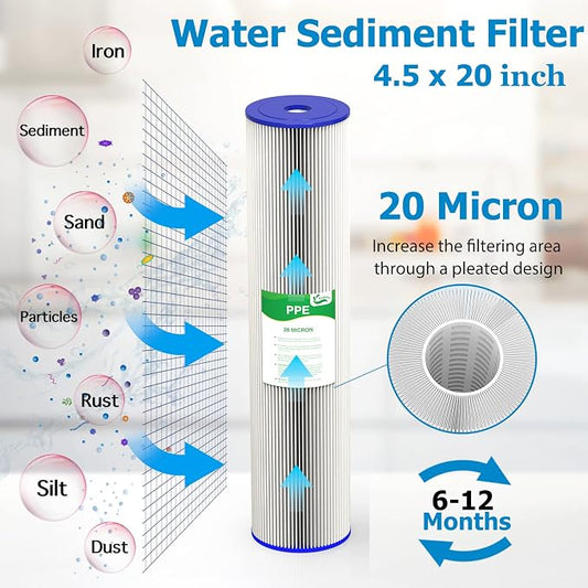 20 Micron 20-Inch Heavy Duty Whole House Water Filter Replacement Cartridge, Pleated Sediment Water Filters 4.5" x 20" for Well Water, Compatible with ECP5-20BB, R30-20BB, SPC-45-2050, 6 Pack