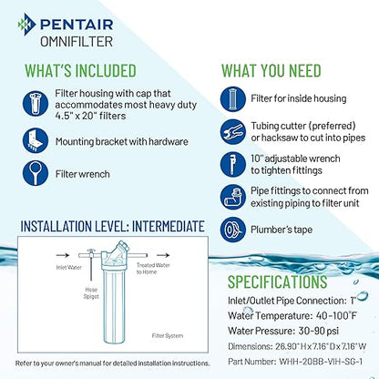 Pentair OMNIFilter Whole Home Valve-in-Head 20" Heavy-Duty Big Blue Water Filtration System with Pressure Relief, White/White