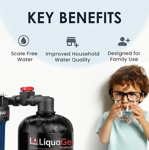 LiquaGen Salt-Free Water Conditioner with Carbon/KDF Pre-Filter | Whole House Anti-Scale System | Reduces Mineral Build-Up | Eco-Friendly, Low Maintenance Water Softener Alternative (20 GPM)