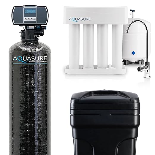 Aquasure 48,000 Grains Whole House Water Filter Bundle with Automatic Digital Metered Control Softener and 75 GPD RO Reverse Osmosis Drinking System | Removes Hardness | Ideal for 3-4 bathrooms