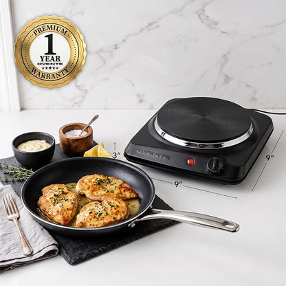OVENTE Electric Cast Iron Single Burner, 1000W Hot Plate, Black BGS101B | 7.25" Portable Countertop Cooktop, Metal Housing, 5 Level Temperature Control, Compact Cooking Stove, Easy to Clean