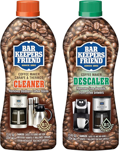 Bar Keepers Friend Coffee Maker Cleaner + Descaler (2 x 12 oz) Removes Stains & Oily Residue from Espresso Machines, Carafes, Thermos, Drip Coffee Pots, Single-Cup Coffee Makers & More