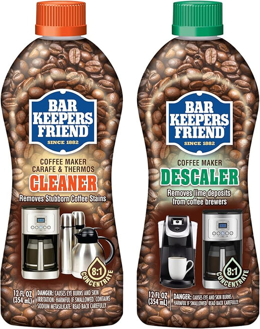 Bar Keepers Friend Coffee Maker Cleaner + Descaler (2 x 12 oz) Removes Stains & Oily Residue from Espresso Machines, Carafes, Thermos, Drip Coffee Pots, Single-Cup Coffee Makers & More