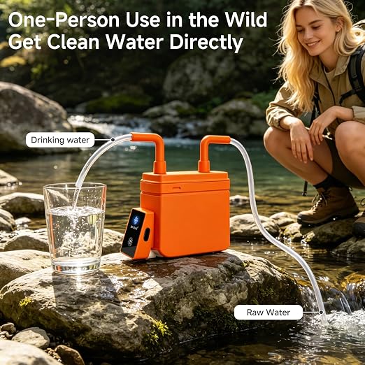 Motorized Portable Water Filter for Camping & Hiking, Electric Water Filtration System with 0.01μm UF Membrane, Compact Backpacking Water Purifier for Emergency Preparedness (Orange)