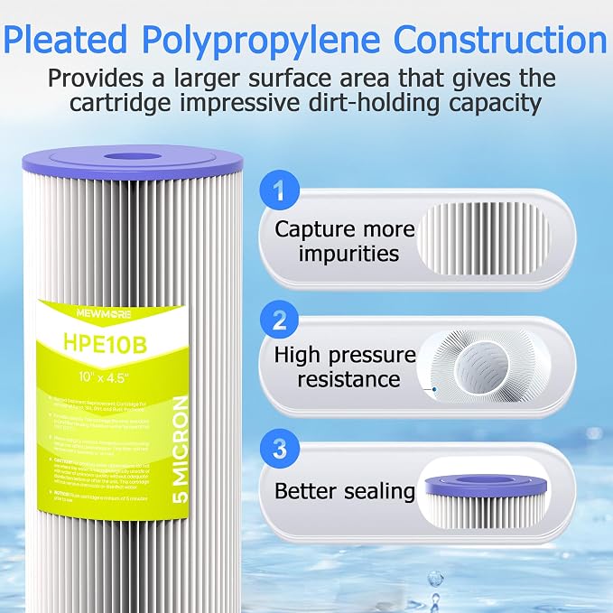 5 Micron Whole House Water Filter Cartridge, 10" x 4.5", 4-Pack | Pleated Sediment Filters for Well Water, Replacement for FXHSC, GXWH40L, GXWH35F, W50PEHD, W10-PR, R50-BBSA