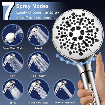Filtered Shower Head with Handheld, High Pressure 7-Spd Detachable Chrome Showerhead with Stainless Hose, Water Softener Filter Beads for Hard Water - Remove Chlorine, Reduce Dry Itchy Skin