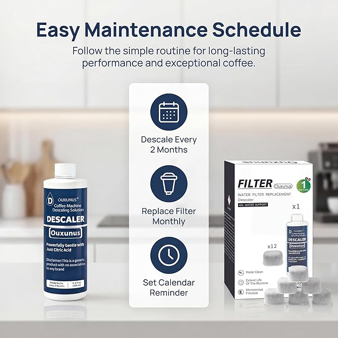 12-Pack Charcoal Water Filters & 16.9 fl Oz Descaling Solution Kit, Compatible with DeLonghi Coffee Machines, Complete Maintenance Bundle (5 Uses) (2)