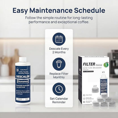 12-Pack Charcoal Water Filters & 16.9 fl Oz Descaling Solution Kit, Compatible with DeLonghi Coffee Machines, Complete Maintenance Bundle (5 Uses) (2)