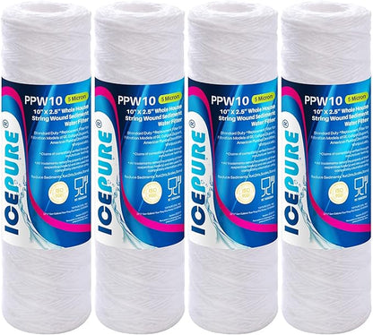 5 Micron 10" x 2.5" String Wound Sediment Water Filter Cartridge for Well filter Universal Replacement for Any 10 inch RO Unit, WP-5, Aqua-Pure AP110, CFS110, Culligan P5, WFPFC4002, WP-5, CW-MF,4PACK