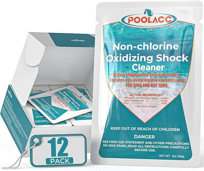 Non-Chlorine Spa Shock Oxidizer for Hot Tub, Chlorine-Free Treatment & Enhanced Oxidizing Shock for Hot Tubs & Spas, Single Dose Packets for Easy Hot Tub Maintenance & Treatment - 12 Packs (1.5lbs)