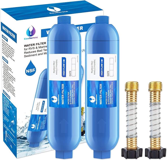 2PK RV Water Filter Kit, Inline Carbon Filter with Flexible Hose | Multi-Stage Filtration, Food-Grade Housing, Reduces Chlorine, Sediment, Bad Taste and Odor, Tool-Free Hose Connection