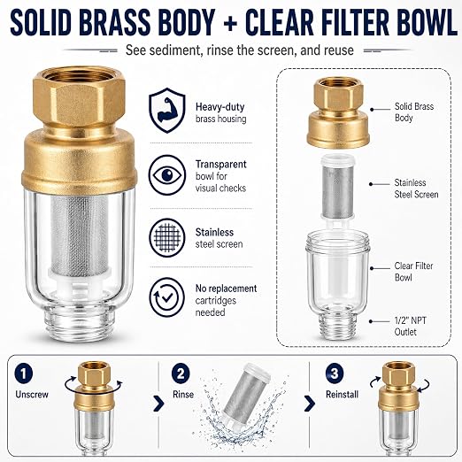 2 Pack Sediment Water Filter for Washing Machine, Reusable | Inline Water Pre-Filter with 3/4" Brass Adapters, 50 Micron Stainless Steel Screen Filter for Water Heaters, Showers, Faucet