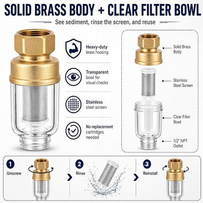 2 Pack Sediment Water Filter for Washing Machine, Reusable | Inline Water Pre-Filter with 3/4" Brass Adapters, 50 Micron Stainless Steel Screen Filter for Water Heaters, Showers, Faucet