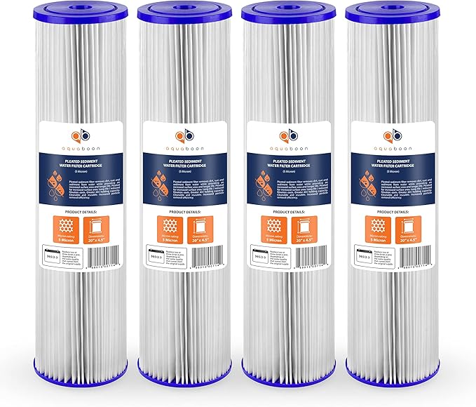 Aquaboon 5 Micron 20 x 4.5 Whole House Pleated Water Sediment Filter Replacement Water Filter Cartridge Compatible with ECP5-20BB, SPC-45-2005, 4-Pack