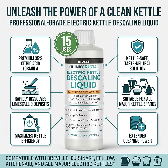 Think Crucial Electric Kettle Descaler, 15 Uses, 35% Citric Acid Concentrate — Compatible with Breville, Fellow, Cuisinart, KitchenAid — 16 fl oz