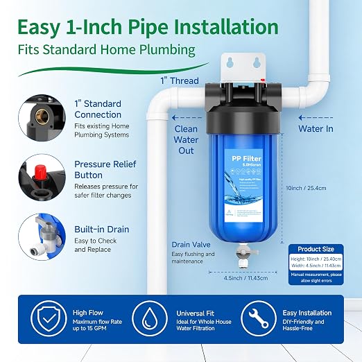 Whole House 10"x4.5" Blue PP Sediment Pre-Filter Housing with Drain Valve | Filters sediment, rust & dirt; pre-filter for city & well water with drain valve, comes with 1 pack PP filter and 2 valves