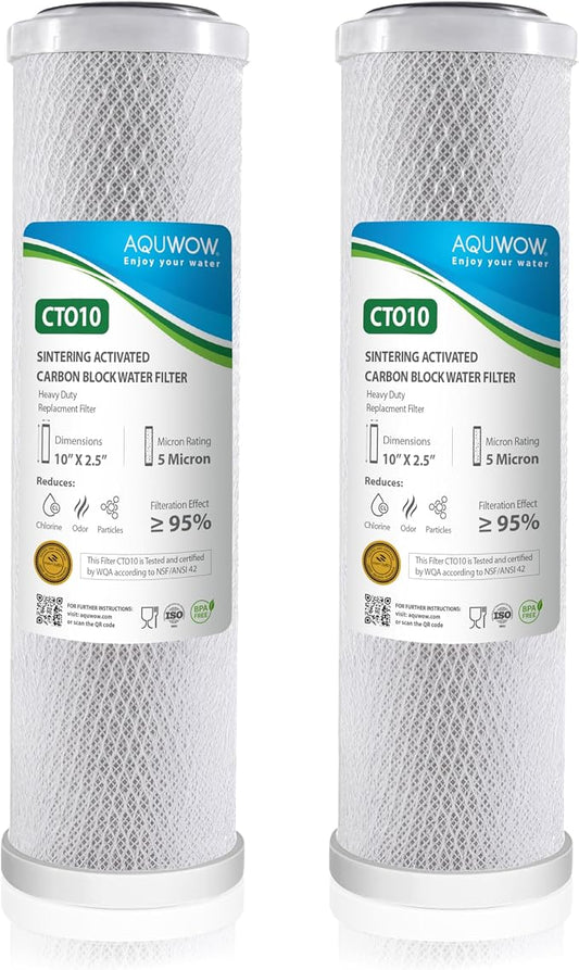 CTO10 5 Micron 2.5" x 10" Carbon Block Water Filter Set – Replacement Cartridges for Whole House and Under Sink Systems, Universal Standard Size (2, 10 x 2.5)
