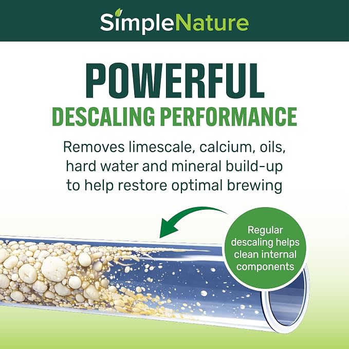 SimpleNature Coffee Descaler (8 fl oz, 2 pack) - Plant-Based Formula Removes Limescale & Buildup from Espresso, Drip, Pod & Single-Serve Machines | Improves Performance & Brew Quality