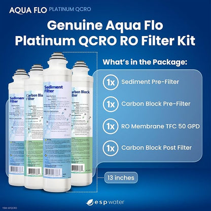 Genuine Aqua Flo Platinum QCRO RO Filter Kit with 50 GPD Membrane and Cartridges | 4-Stage Filtration, Easy Install, Contaminant Reduction, Improved Taste, Cost-Effective Water Solution | Genuine 4-stage replacement set: 50 GPD membrane plus 3 cartridg...