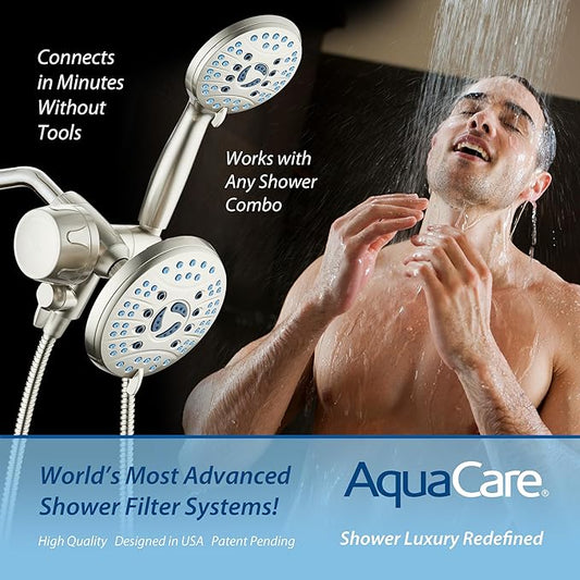 AquaCare Skin & Hair - World's Only Shower Head Combo Filter with Built-in 3-way Water Diverter, ON/OFF Filtration Modes, Instant Cartridge Reload & Stay-Clean American KDF Cartridge, Satin Nickel