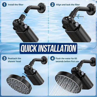 Veken Shower Filter to Reduce Chlorine, KDF Shower Head Filters with Activated Carbon and Calcium Sulfite for Filtered Shower Water, Filtro Para Ducha De Baño, One-Press Replacement, Matte Black