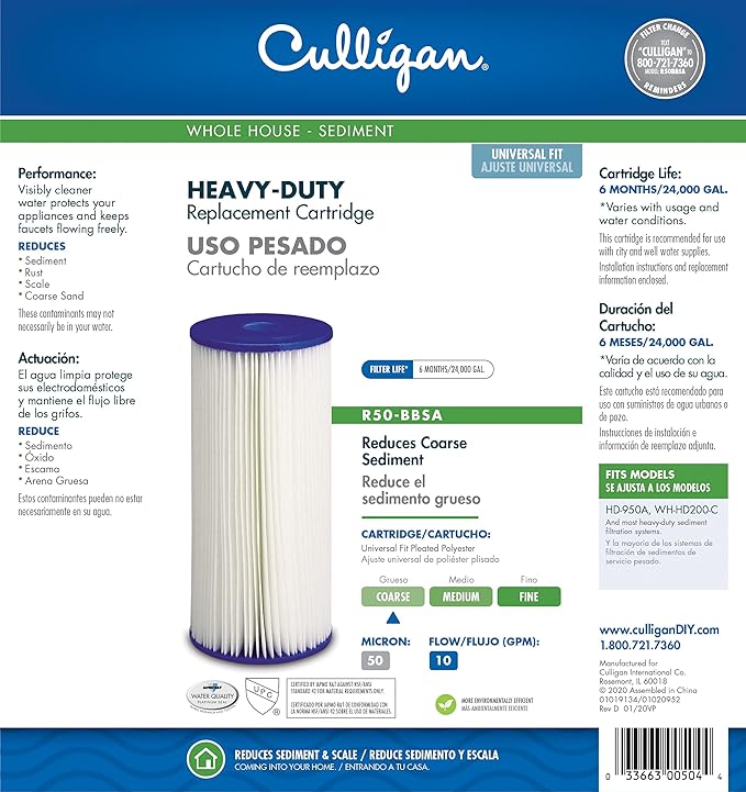 Culligan Whole House Water_Filter for Sediment 50 Micron R50-BBSA 10”x4.5” Long Lasting Water_Filter Cartridge Replacement Compatible with Many other Home_Water Filtration Systems (Pack of 3)