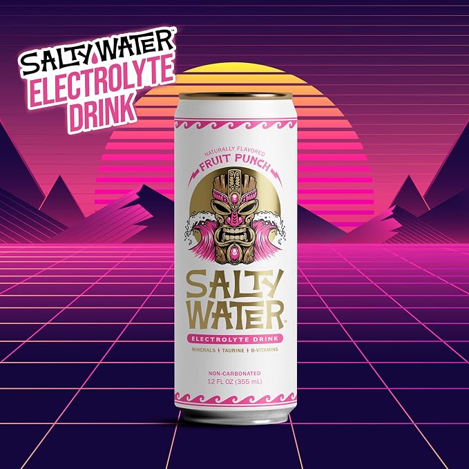 SaltyWater Electrolyte Drink, Fruit Punch – Zero Sugar Premium Hydration Drink, 10 Calories, Minerals, Taurine, B-Vitamins, Non-Carbonated - Zero Caffeine Electrolyte Sports Drink - Gluten Free - 12 Pack (12 oz)