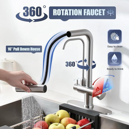 Waterfall Kitchen Faucet with Water Filter,Upgraded Separate Drinking Water 2 Handle Kitchen Faucet with Pull Down Sprayer, Brushed Nickel 3 in 1 Sink Faucets, Without Water Filtration Device