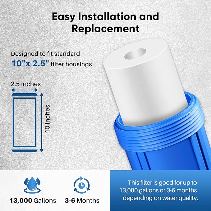 PUREPLUS 10 Micron 10" x 2.5" Whole House Sediment Home Water Filter Cartridge Replacement for Any 10 inch RO Unit, Culligan P5, Aqua-Pure AP110, Dupont WFPFC5002, CFS10, WHKF-G05, 4Pack