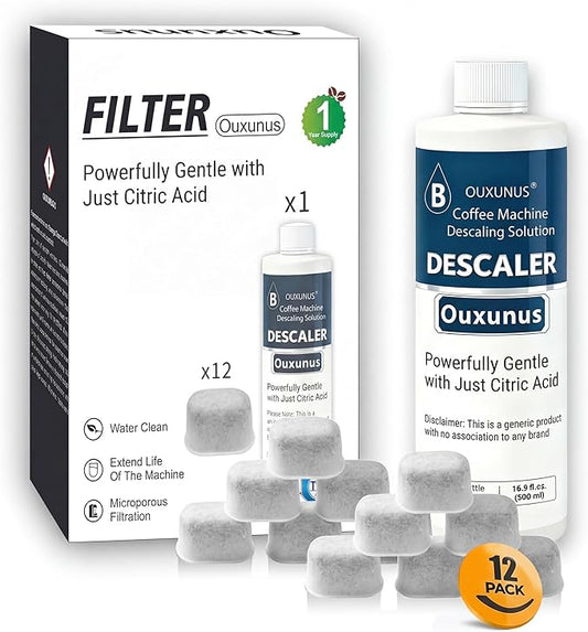 12-Pack BWF100 Water Filter & 16.9 fl oz Descaler Kit, Compatible with Breville Coffee Machines, Charcoal Water Filters & 4-Use Descaling Solution for Annual Coffee Machine Maintenance (1)