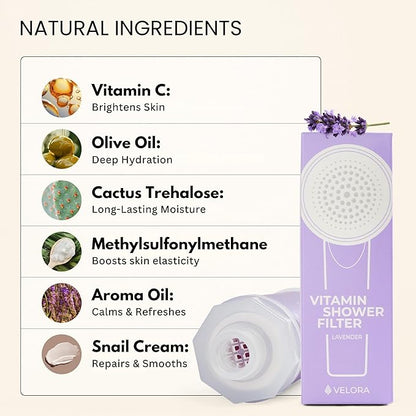 VELORA Vitamin C Shower Filter - Lavender-Scented Aromatherapy Shower Water Filter and Softener - Universal Showerhead Bathroom Attachment - Replenish Dry Skin, Soften and Nourish Hair