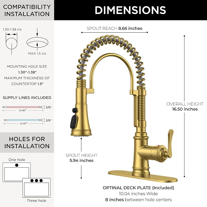 FORIOUS Gold Kitchen Faucet with Pull Down Sprayer, Stainless Steel Single Handle Spring Antique Brass Kitchen Sink Faucet with Deck Plate for 1 or 3 holes, Sutiable for Farmhouse, RV, Camper, Wet Bar