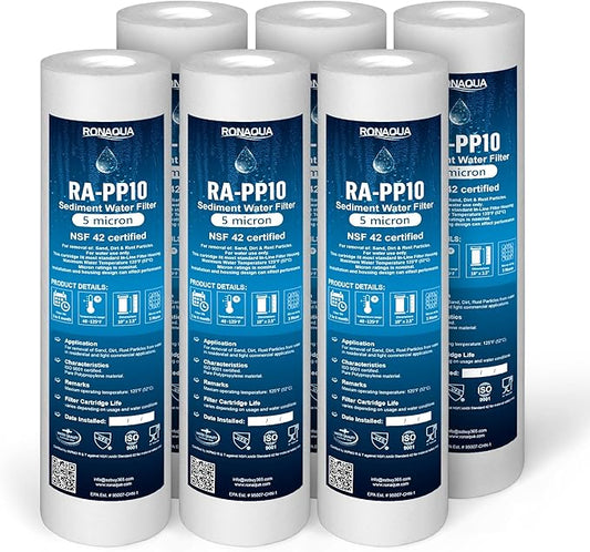 Ronaqua 5 Micron Sediment Water Filter Cartridge 10"x2.5", NSF Certified, 4-Layer Filtration for any 10-inch RO Units & Whole House Systems, Compatible with Culligan P5, AP110, WHKF-GD05, 6 Pack
