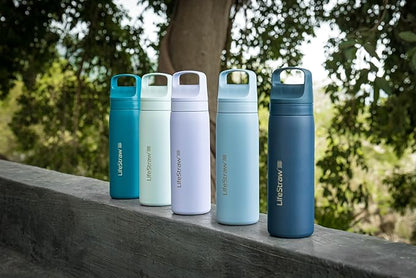 LifeStraw Go Series – Insulated Stainless Steel Water Filter Bottle for Travel and Everyday Use, Removes Bacteria, Parasites and Microplastics, Improves Taste, 18oz Provence Purple