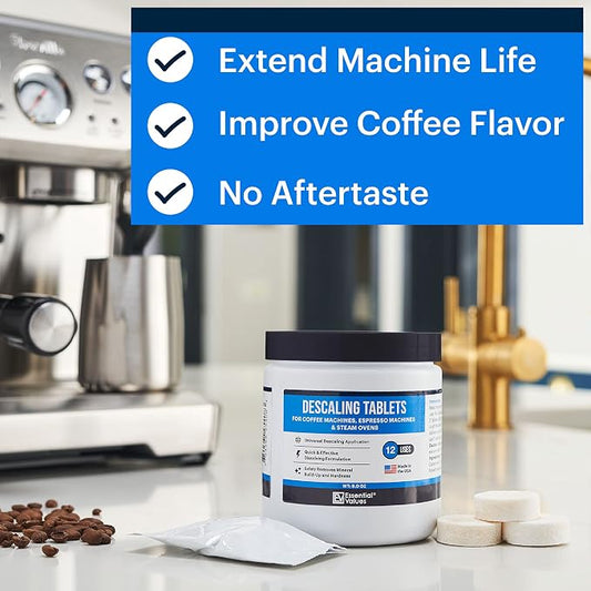 Essential Values Descaling Tablets, Coffee Maker Cleaner Compatible with Keurig Coffee Machines, Breville, Delonghi, Jura, Miele, Bosch, Tassimo Espresso Machines and Miele Steam Ovens (Pack of 24)