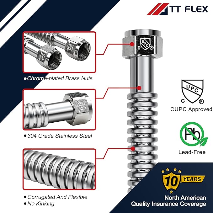 TT FLEX Stainless Steel Corrugated Water Heater Connector Flexible for Water Heater Water Softener,3/4" FIP x 3/4" FIP, 18" Length (2 Pack)