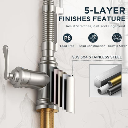 FORIOUS Kitchen Faucet with Pull Down Sprayer, Stainless Steel Single Handle Spring Antique Kitchen Sink Faucet with Deck Plate, Sutiable for Farmhouse, RV, Camper, Wet Bar, Brushed Nickel